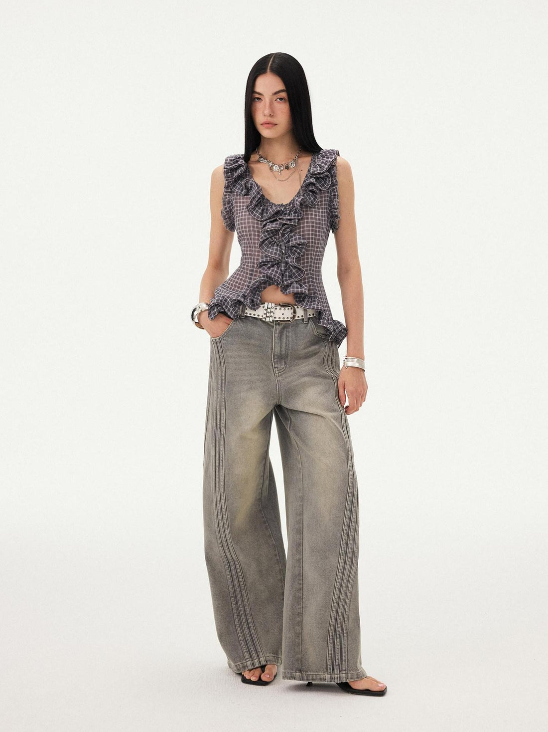 DIDDI MODA Grey Purple Plaid 3d Lace Trim Slim Waist V-neck Cropped Women&