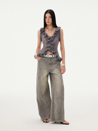 DIDDI MODA Grey Purple Plaid 3d Lace Trim Slim Waist V-neck Cropped Women&