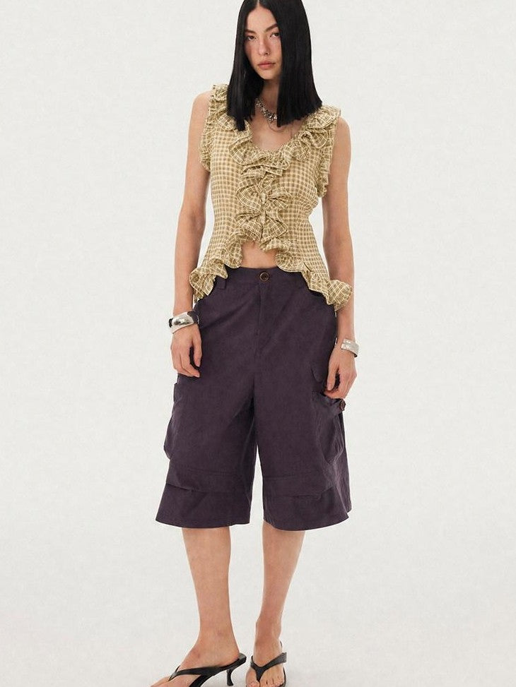 DIDDI MODA Grey Purple Plaid 3d Lace Trim Slim Waist V-neck Cropped Women&