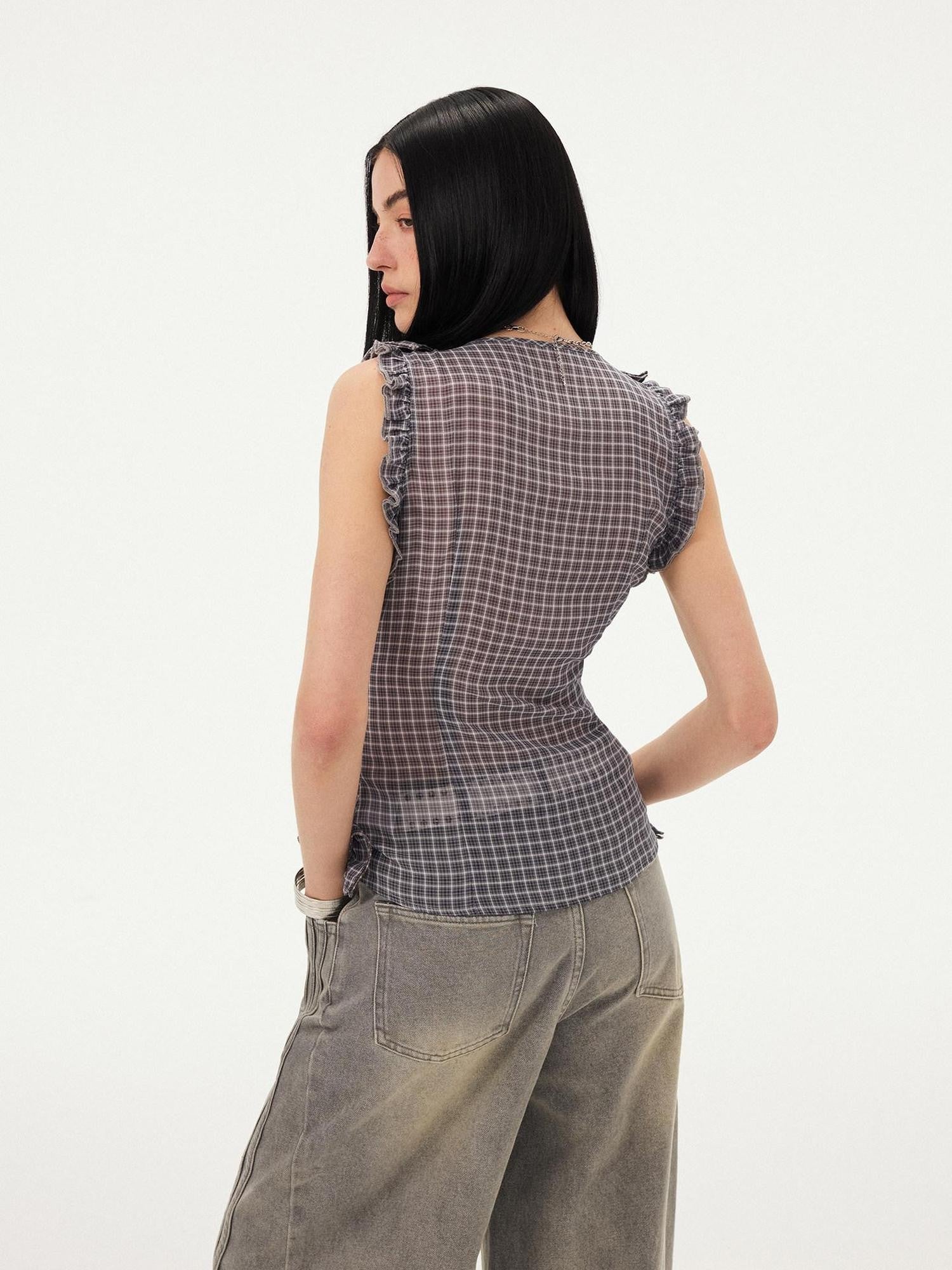 DIDDI MODA Grey Purple Plaid 3d Lace Trim Slim Waist V-neck Cropped Women&