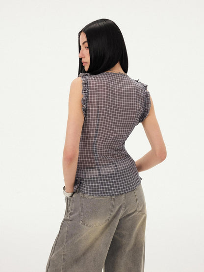 DIDDI MODA Grey Purple Plaid 3d Lace Trim Slim Waist V-neck Cropped Women&