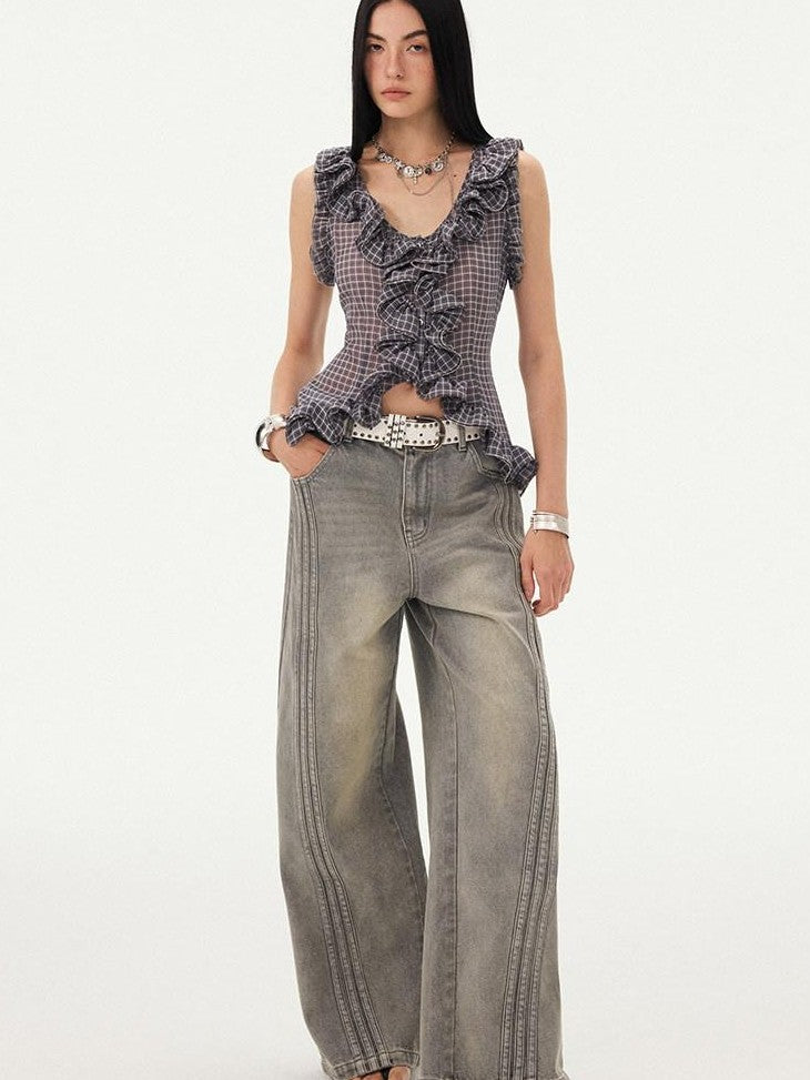 DIDDI MODA Grey Purple Plaid 3d Lace Trim Slim Waist V-neck Cropped Women&