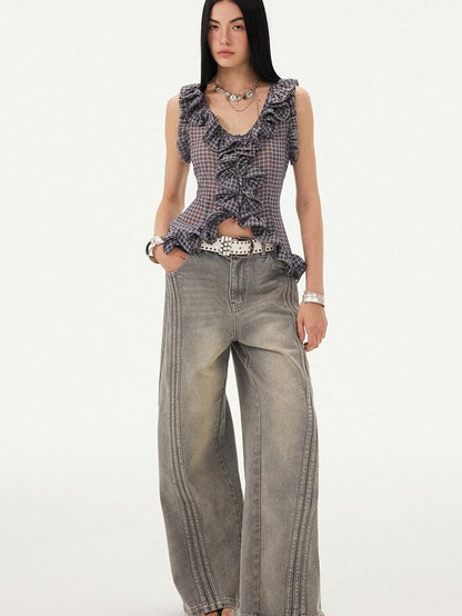 DIDDI MODA Grey Purple Plaid 3d Lace Trim Slim Waist V-neck Cropped Women&