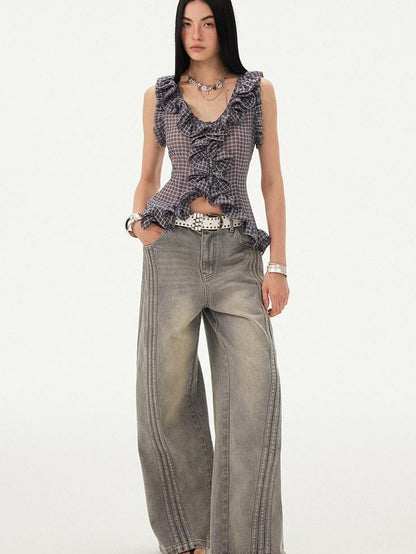 DIDDI MODA Grey Purple Plaid 3d Lace Trim Slim Waist V-neck Cropped Women&