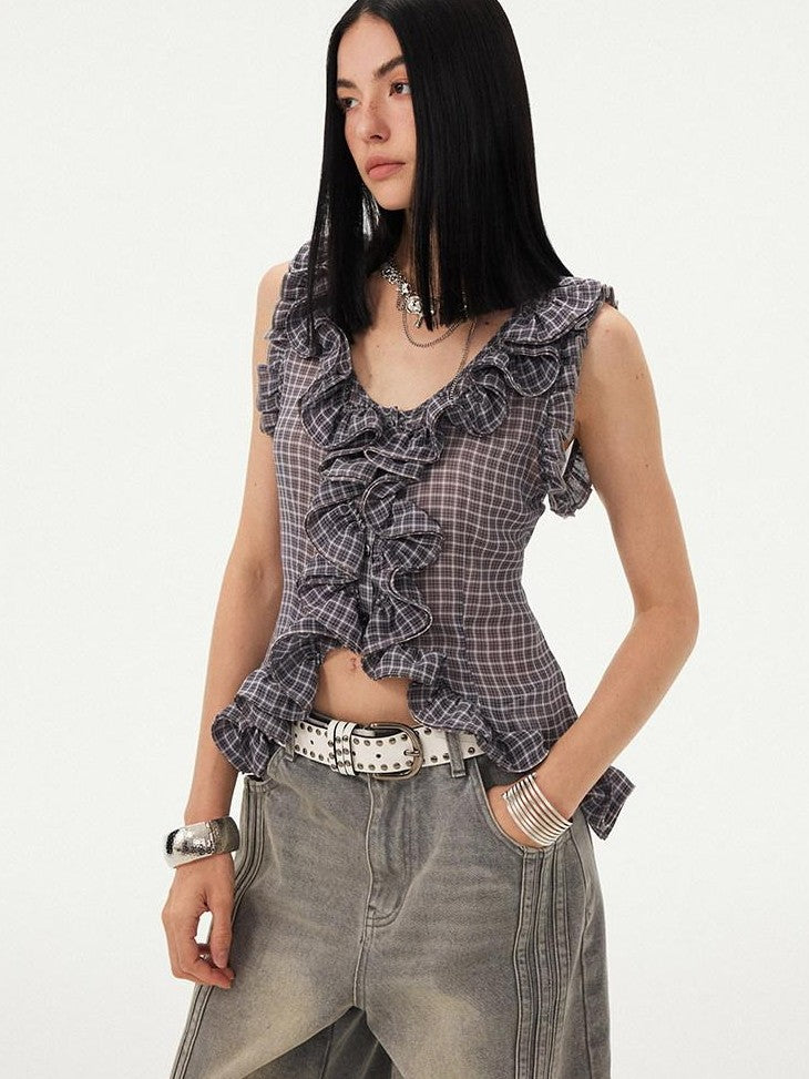 DIDDI MODA Grey Purple Plaid 3d Lace Trim Slim Waist V-neck Cropped Women&