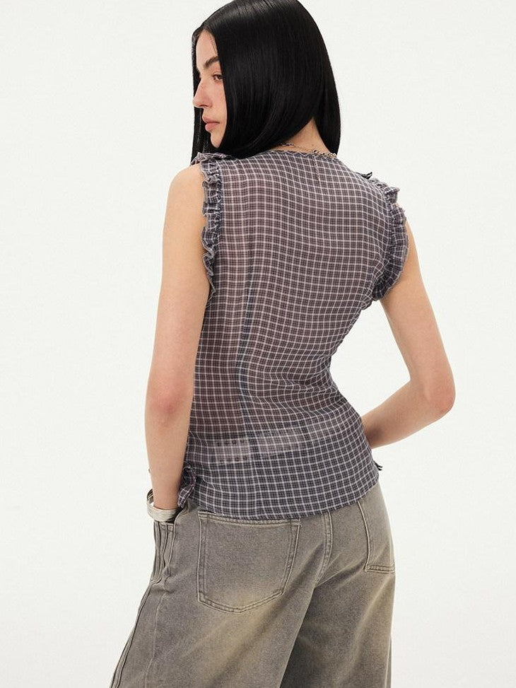 DIDDI MODA Grey Purple Plaid 3d Lace Trim Slim Waist V-neck Cropped Women&