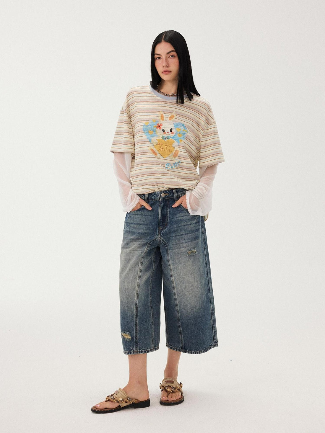 DIDDI MODA Heart Rabbit Striped Patchwork Faux Two Piece Women&