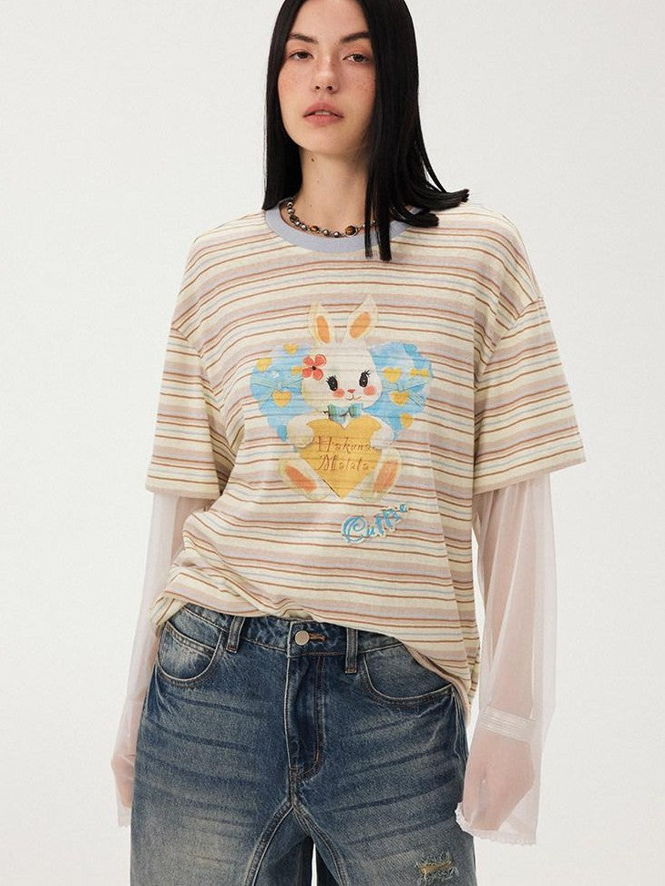 DIDDI MODA Heart Rabbit Striped Patchwork Faux Two Piece Women&