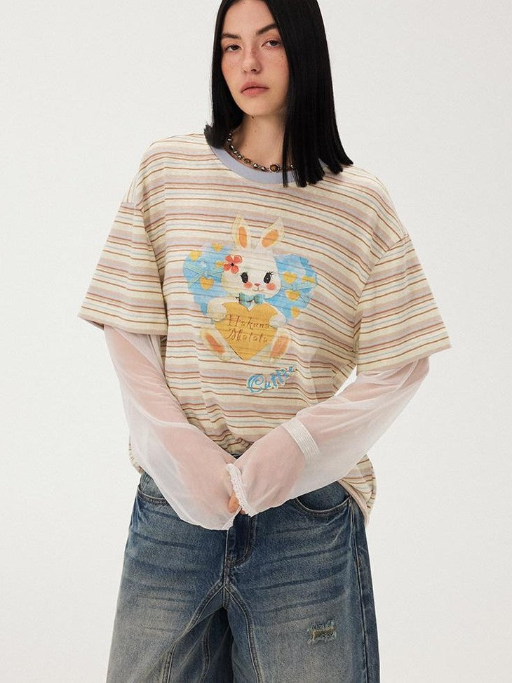 DIDDI MODA Heart Rabbit Striped Patchwork Faux Two Piece Women&