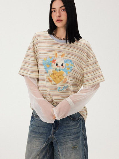 DIDDI MODA Heart Rabbit Striped Patchwork Faux Two Piece Women&