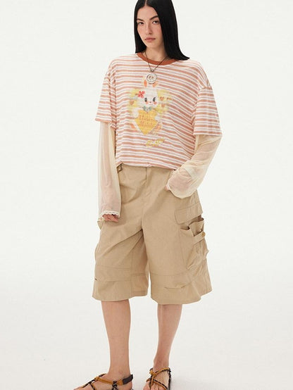 DIDDI MODA Heart Rabbit Striped Patchwork Faux Two Piece Women&