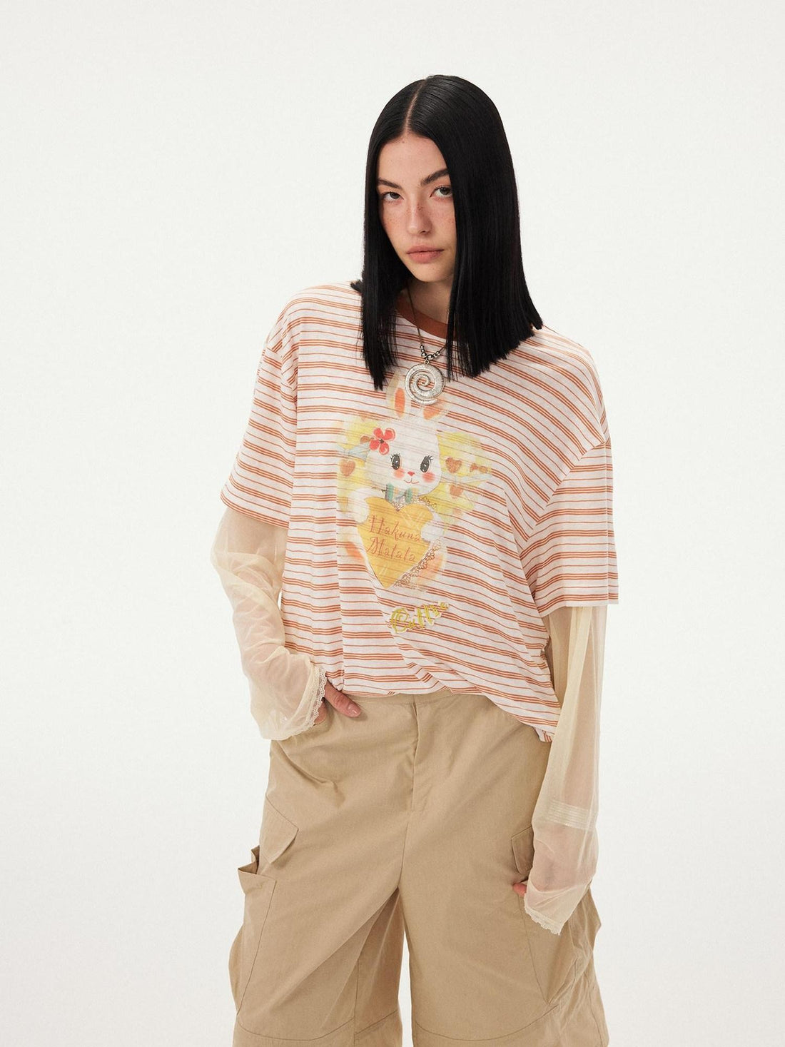 DIDDI MODA Heart Rabbit Striped Patchwork Faux Two Piece Women&