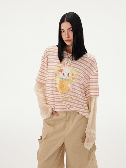 DIDDI MODA Heart Rabbit Striped Patchwork Faux Two Piece Women&
