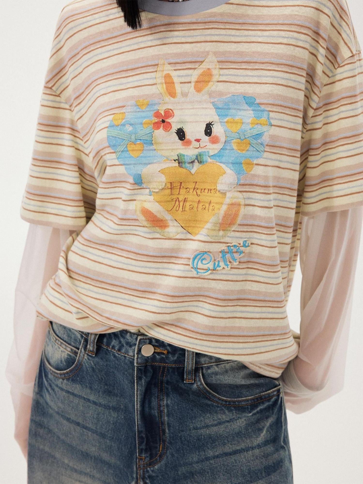 DIDDI MODA Heart Rabbit Striped Patchwork Faux Two Piece Women&