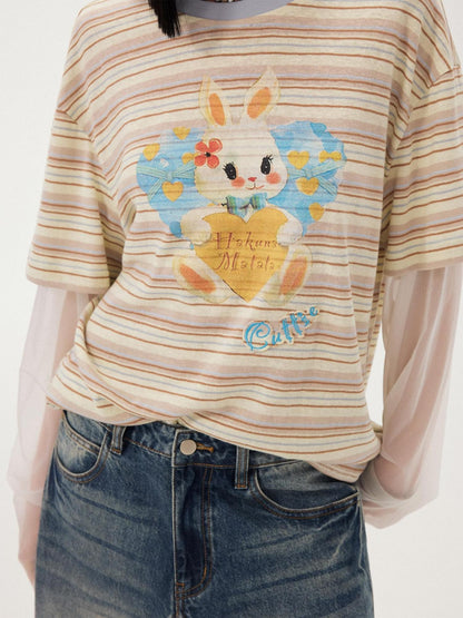 DIDDI MODA Heart Rabbit Striped Patchwork Faux Two Piece Women&