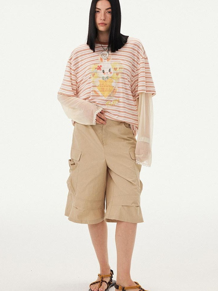 DIDDI MODA Heart Rabbit Striped Patchwork Faux Two Piece Women&