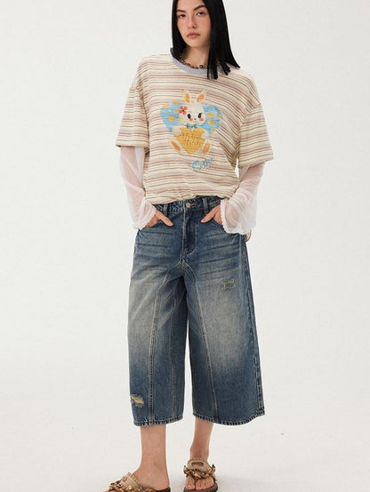 DIDDI MODA Heart Rabbit Striped Patchwork Faux Two Piece Women&