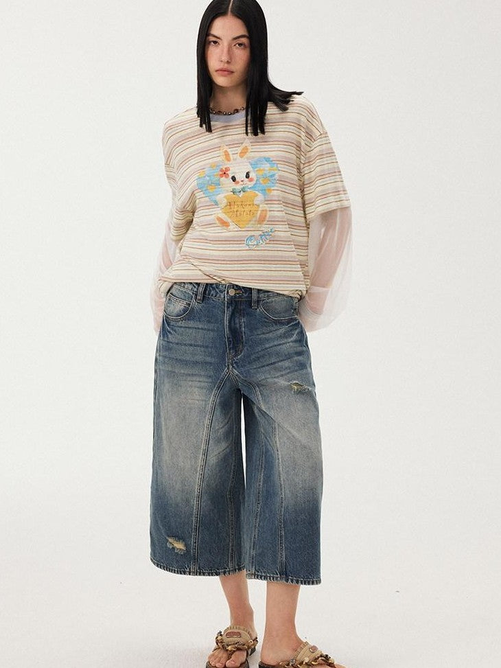 DIDDI MODA Heart Rabbit Striped Patchwork Faux Two Piece Women&