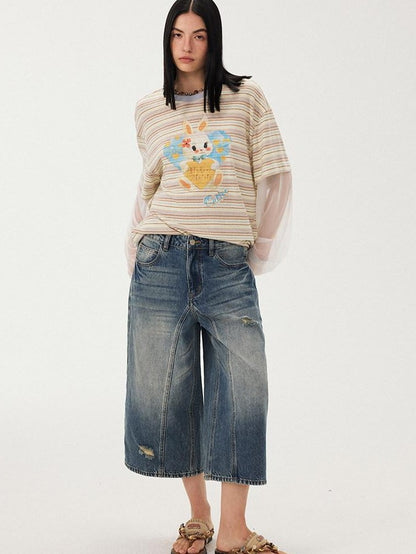 DIDDI MODA Heart Rabbit Striped Patchwork Faux Two Piece Women&