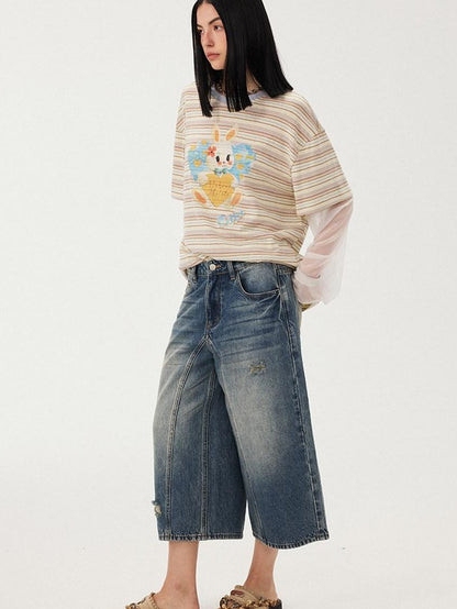 DIDDI MODA Heart Rabbit Striped Patchwork Faux Two Piece Women&