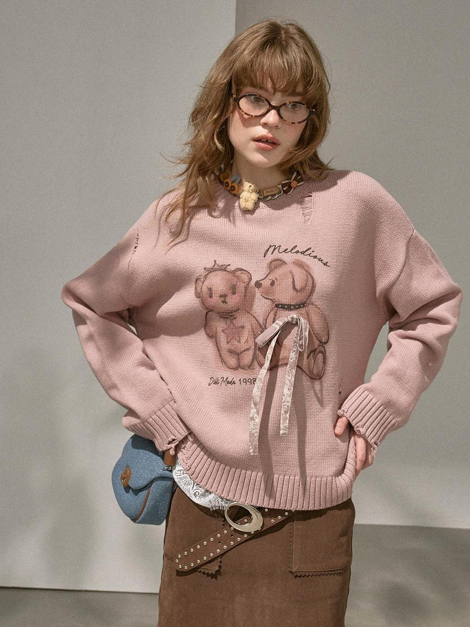 DIDDI MODA Hooded Dog And Kissing Bear Motif Loose Fit Women&