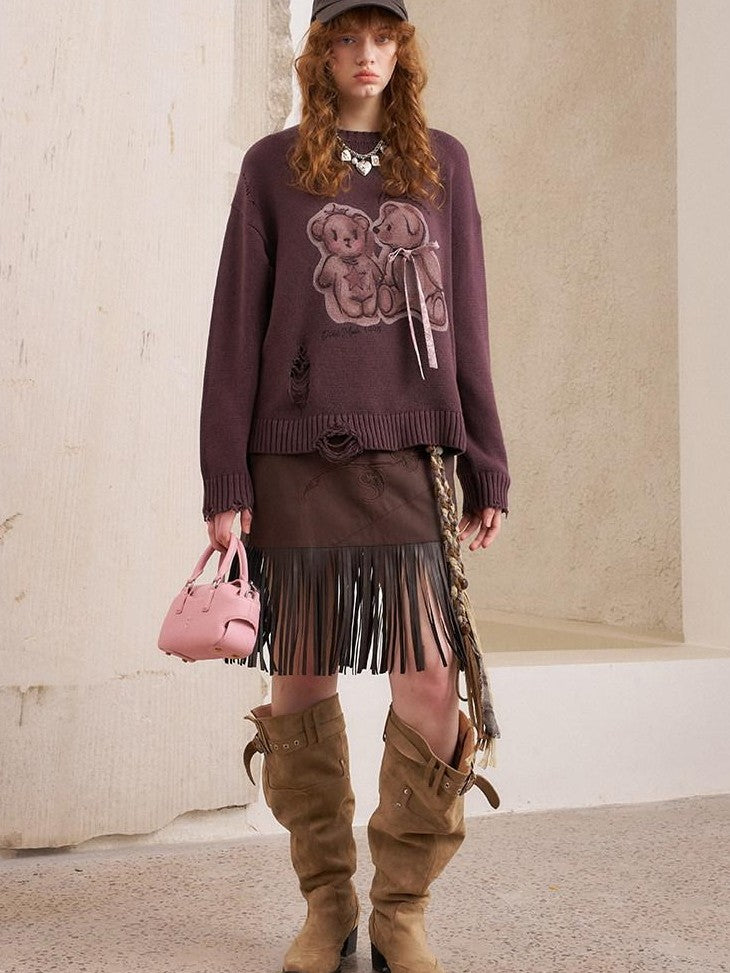 DIDDI MODA Hooded Dog And Kissing Bear Motif Loose Fit Women&