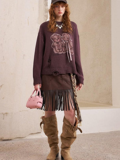 DIDDI MODA Hooded Dog And Kissing Bear Motif Loose Fit Women&