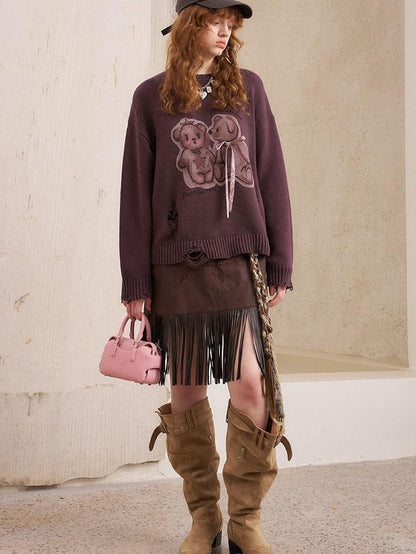 DIDDI MODA Hooded Dog And Kissing Bear Motif Loose Fit Women&