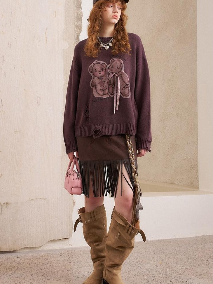 DIDDI MODA Hooded Dog And Kissing Bear Motif Loose Fit Women&