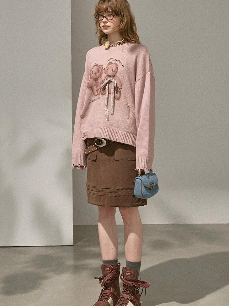 DIDDI MODA Hooded Dog And Kissing Bear Motif Loose Fit Women&