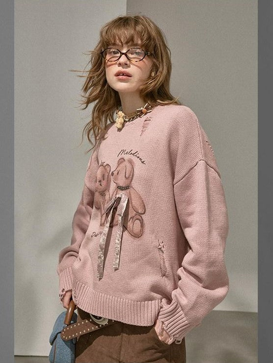 DIDDI MODA Hooded Dog And Kissing Bear Motif Loose Fit Women&