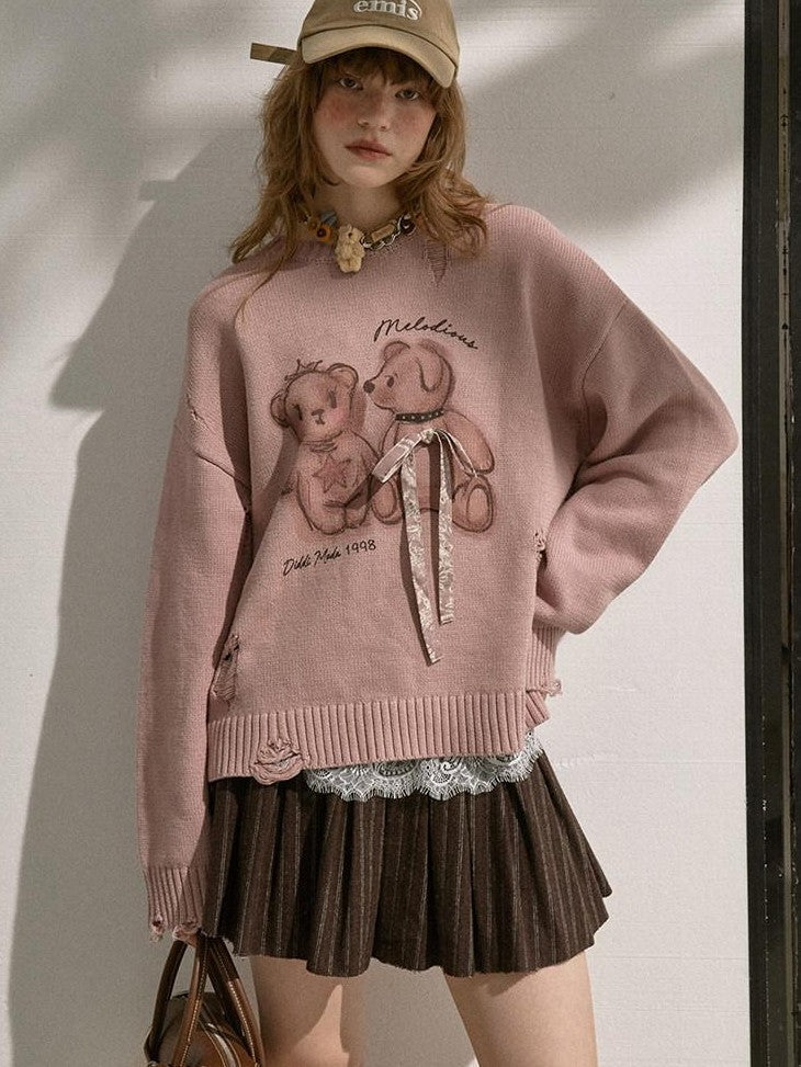 DIDDI MODA Hooded Dog And Kissing Bear Motif Loose Fit Women&