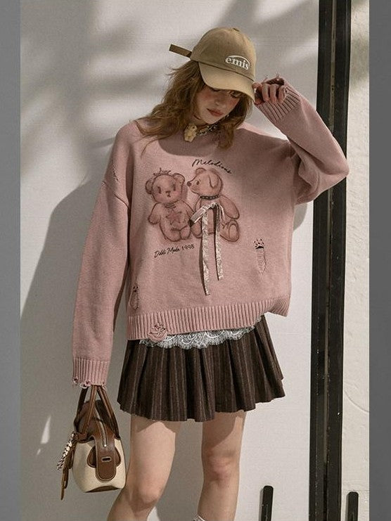 DIDDI MODA Hooded Dog And Kissing Bear Motif Loose Fit Women&