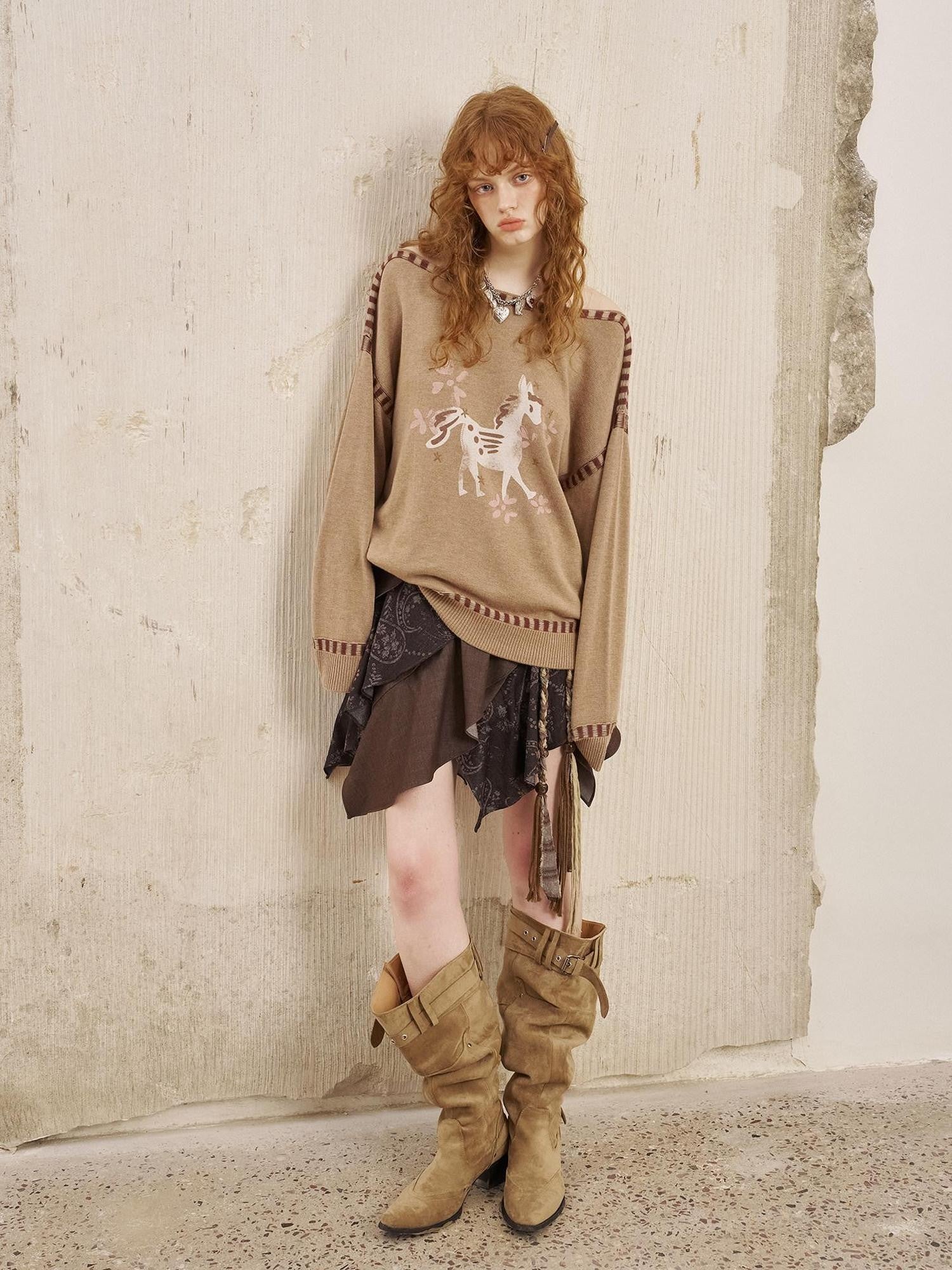 DIDDI MODA Horse Print Slouchy One Shoulder Women&