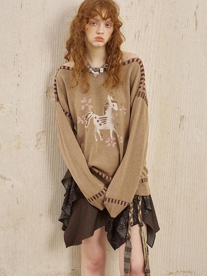 DIDDI MODA Horse Print Slouchy One Shoulder Women&