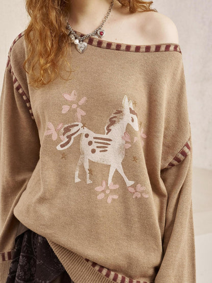 DIDDI MODA Horse Print Slouchy One Shoulder Women&