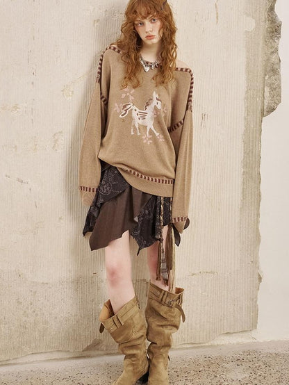 DIDDI MODA Horse Print Slouchy One Shoulder Women&