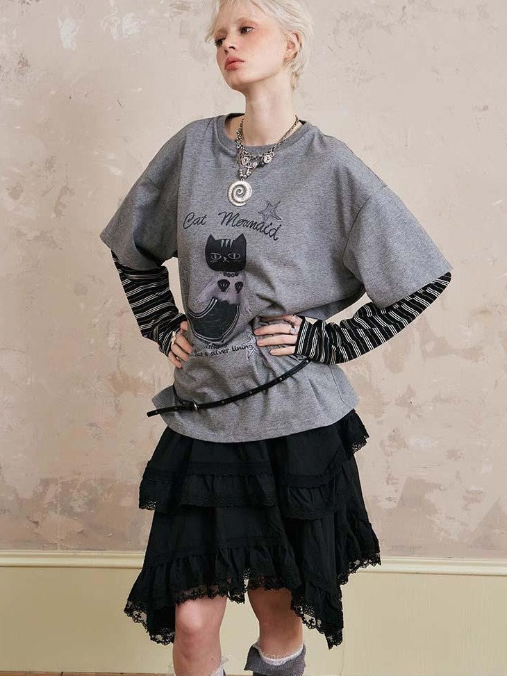 DIDDI MODA Irregular Lace Trim Spliced Women&