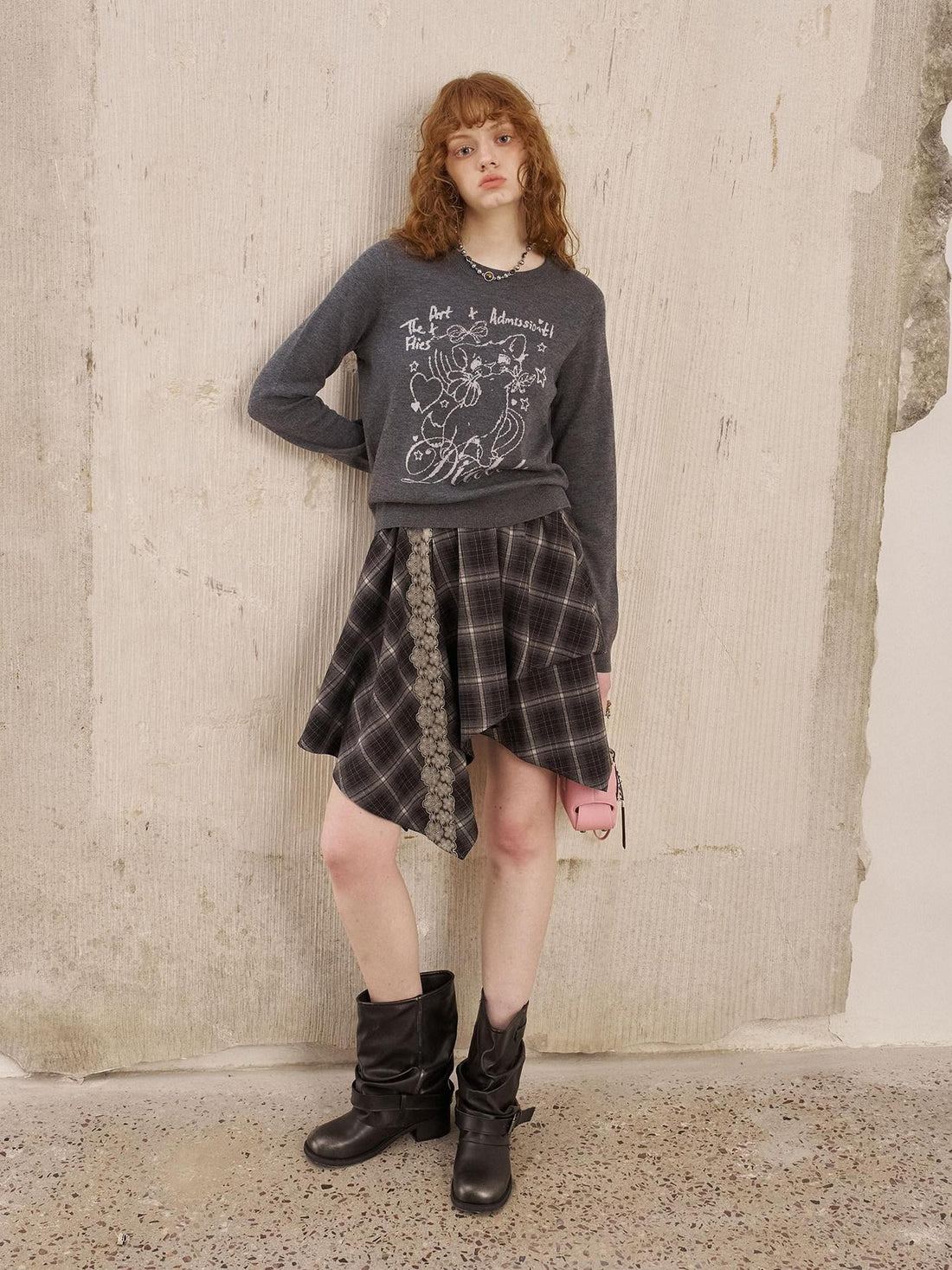 DIDDI MODA Irregular Plaid Lace Splice Asymmetric Women&