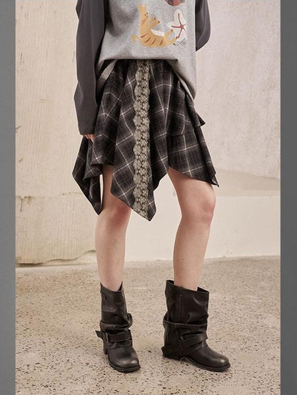 DIDDI MODA Irregular Plaid Lace Splice Asymmetric Women&
