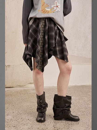 DIDDI MODA Irregular Plaid Lace Splice Asymmetric Women&