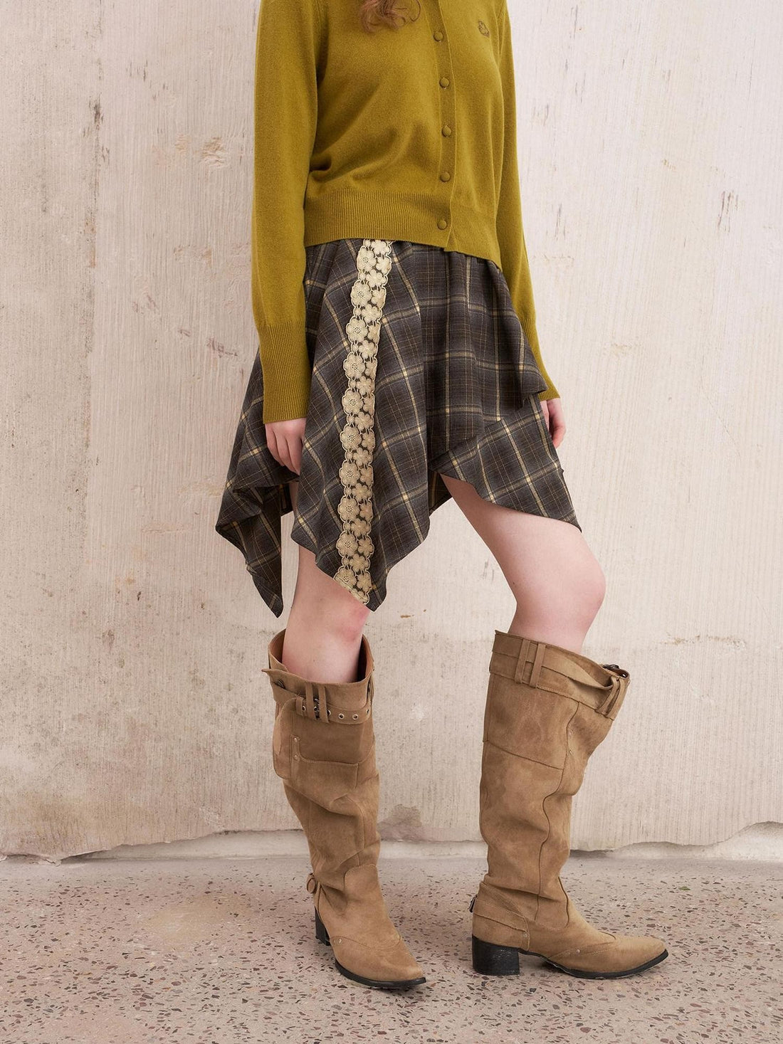 DIDDI MODA Irregular Plaid Lace Splice Asymmetric Women&