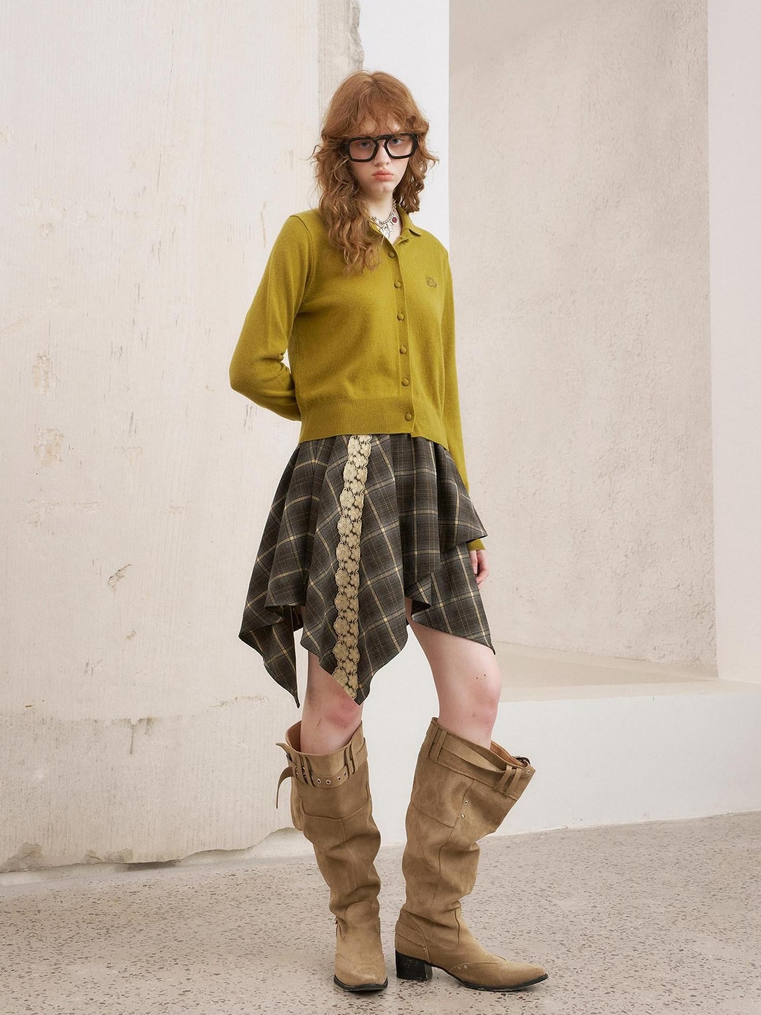 DIDDI MODA Irregular Plaid Lace Splice Asymmetric Women&