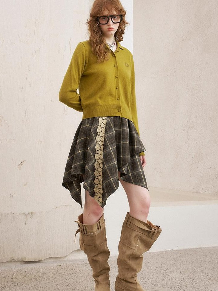 DIDDI MODA Irregular Plaid Lace Splice Asymmetric Women&