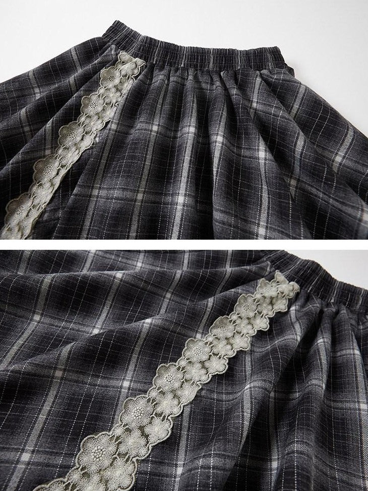 DIDDI MODA Irregular Plaid Lace Splice Asymmetric Women&