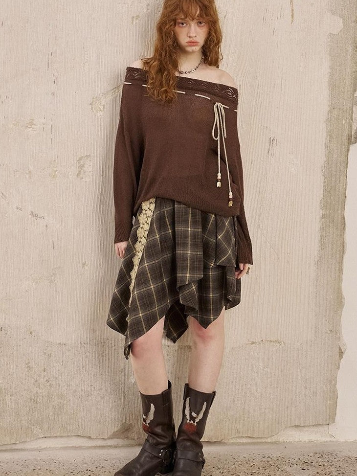 DIDDI MODA Irregular Plaid Lace Splice Asymmetric Women&