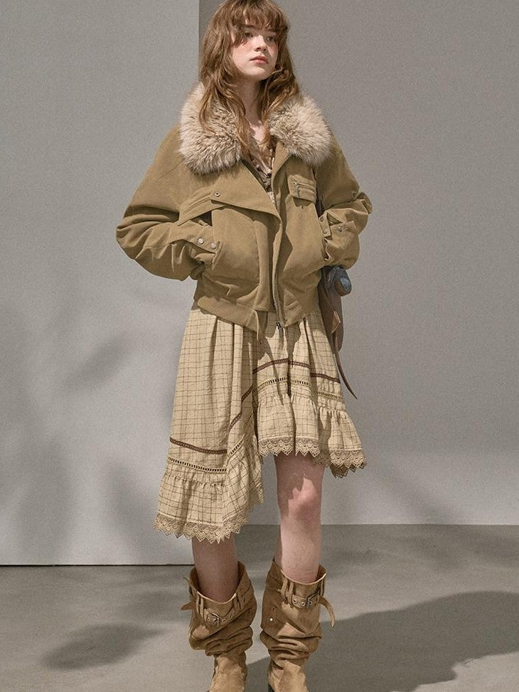 DIDDI MODA Khaki Fur Collar Pocket Cargo Women&