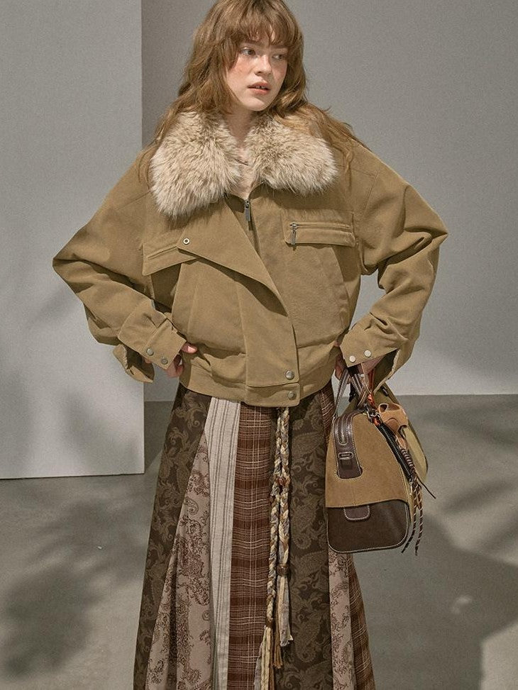 DIDDI MODA Khaki Fur Collar Pocket Cargo Women&