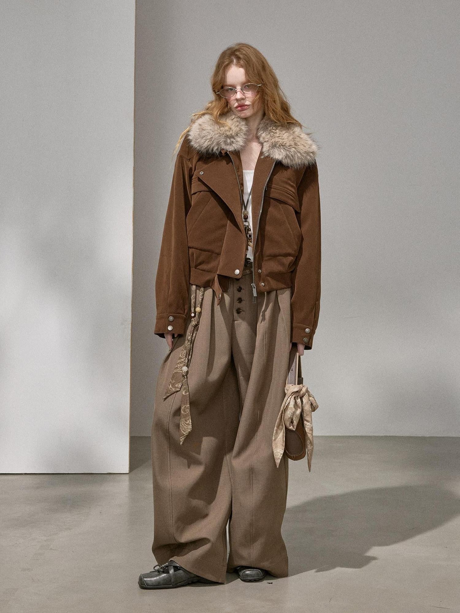 DIDDI MODA Khaki Fur Collar Pocket Cargo Women&