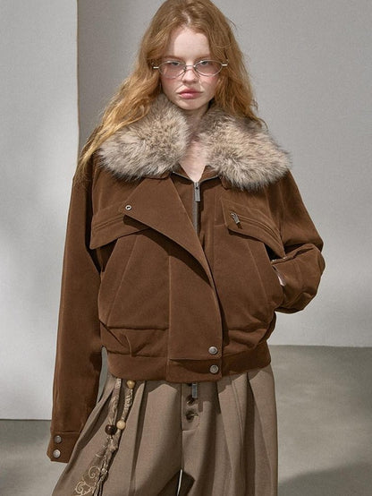 DIDDI MODA Khaki Fur Collar Pocket Cargo Women&
